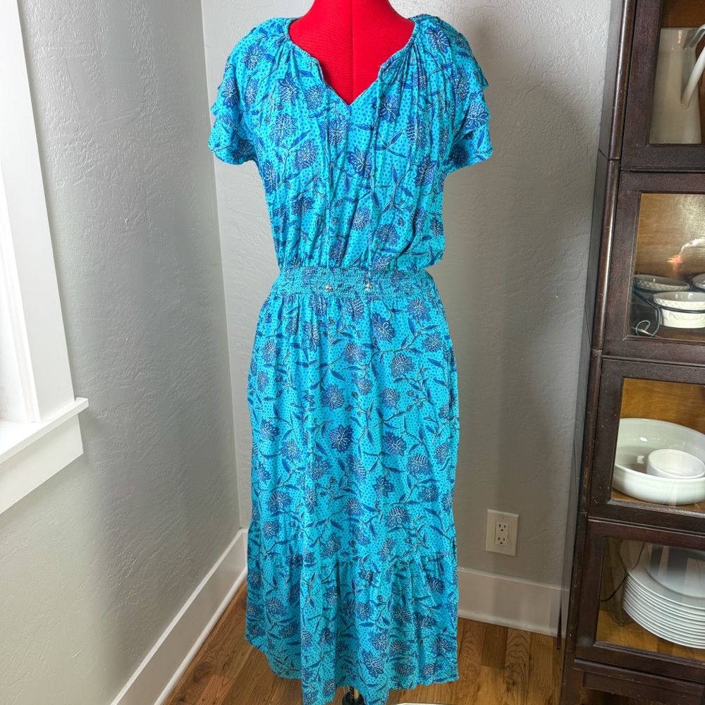 Destination 365 Caribbean Blue Floral Smocked Waist Tie Front Midi Dress Size S